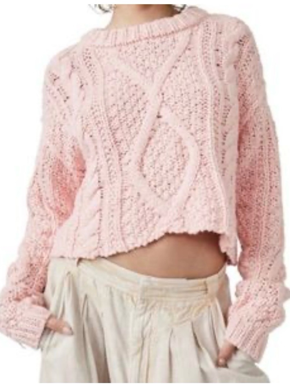 Free People Cropped Cable Knit Sweater in Light Pink